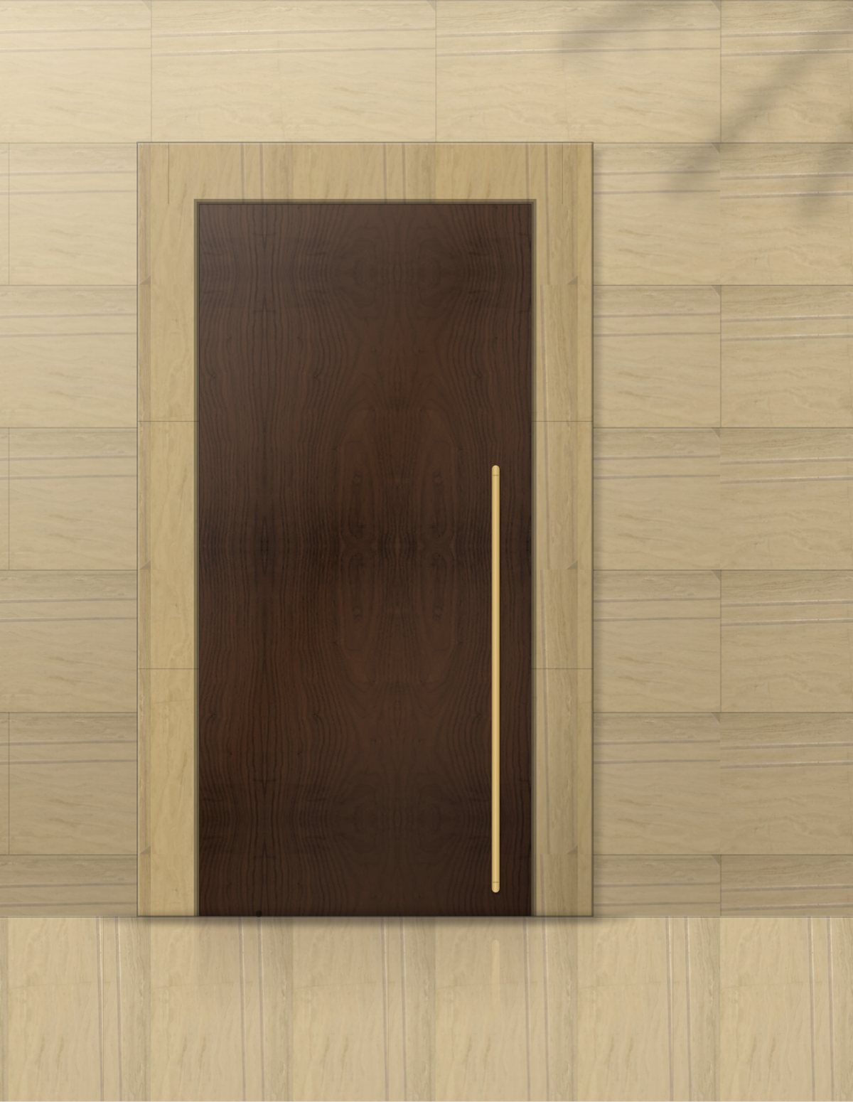 The door designer showing a walnut grooved pivot door with a brass pull in a stone surround
