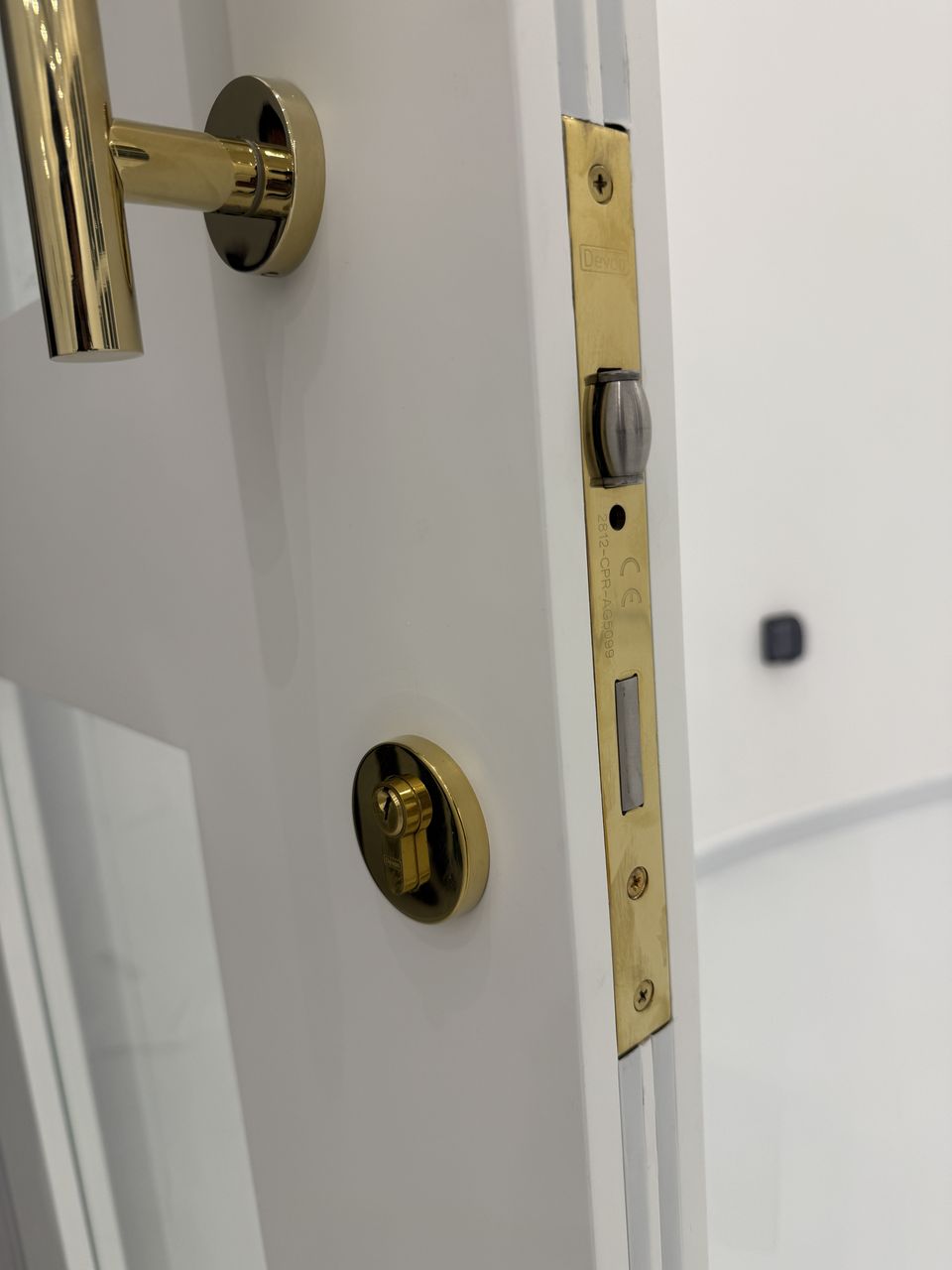 Brass Lock And Pull On White Door Edge