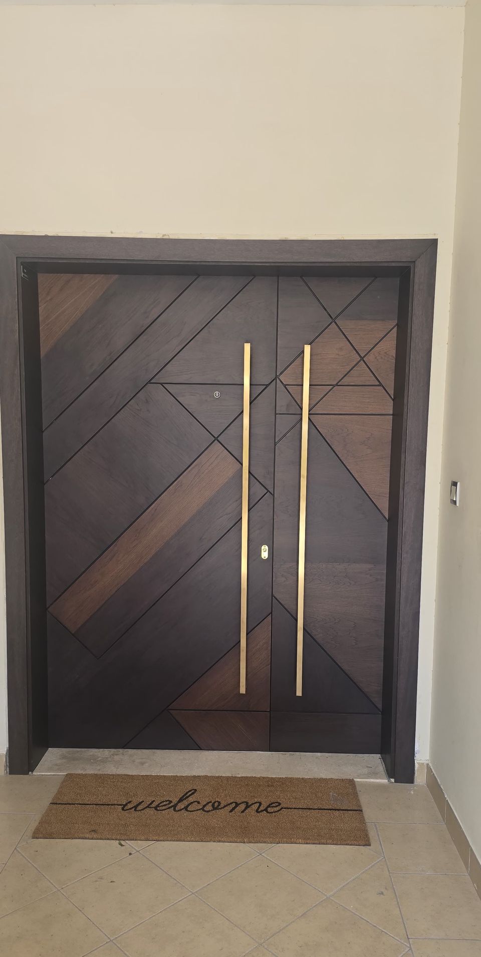 Dark Herringbone Double Door With Brass Pulls