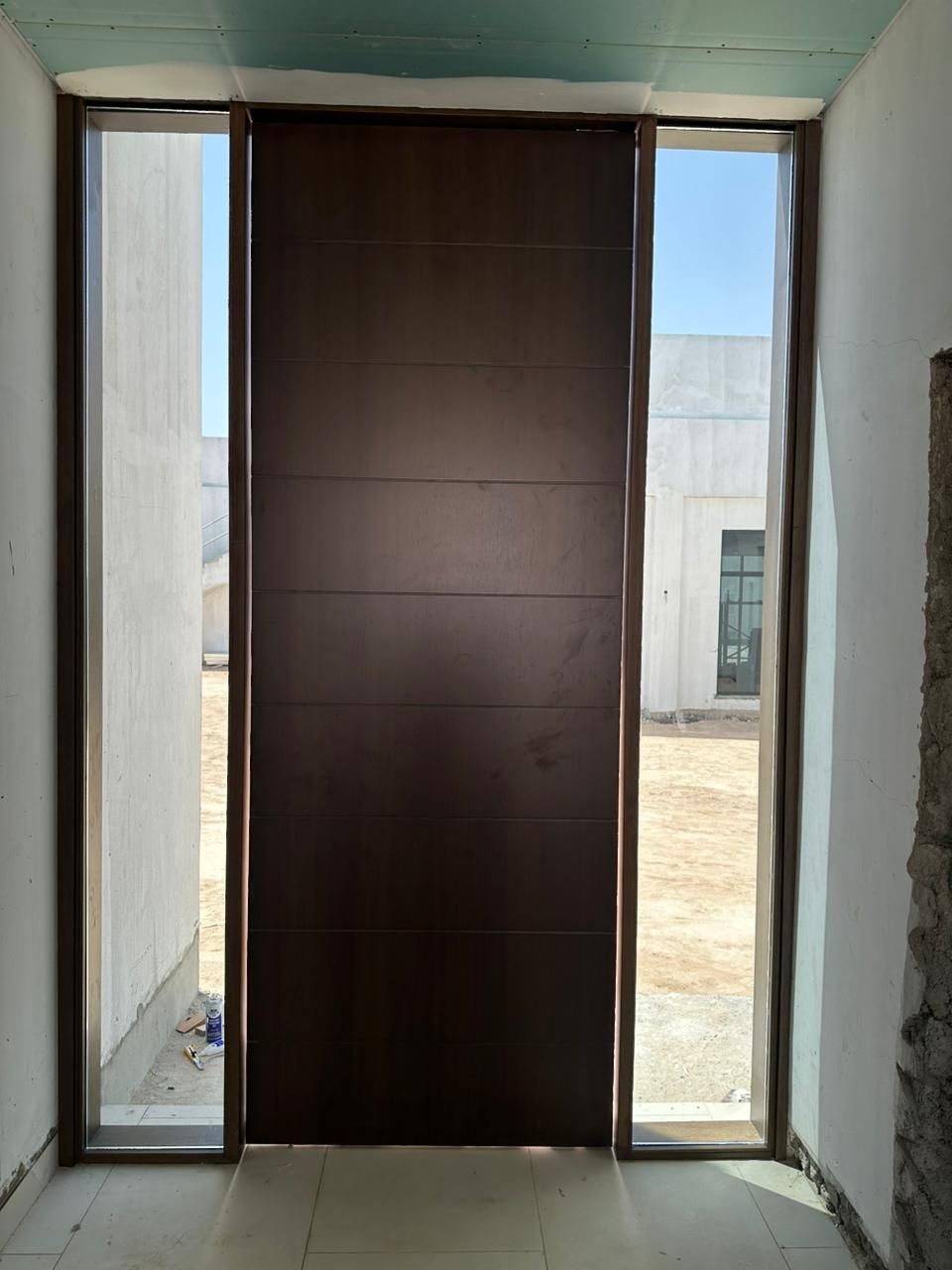 Dark Wood Pivot Entrance Door With Sidelights