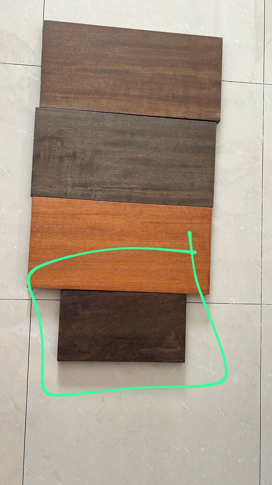 Finish samples for the main door, chosen sample marked