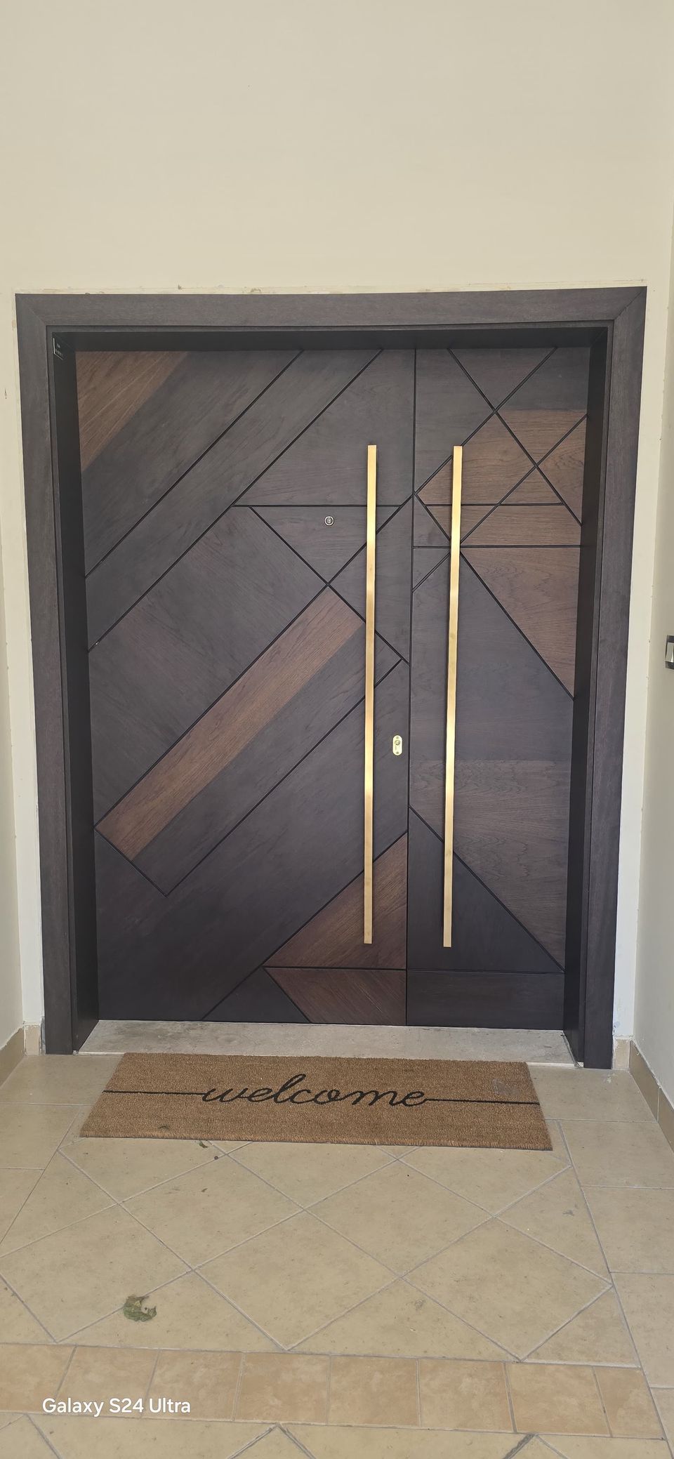 Chevron veneer double main door with brass pulls, Mudon