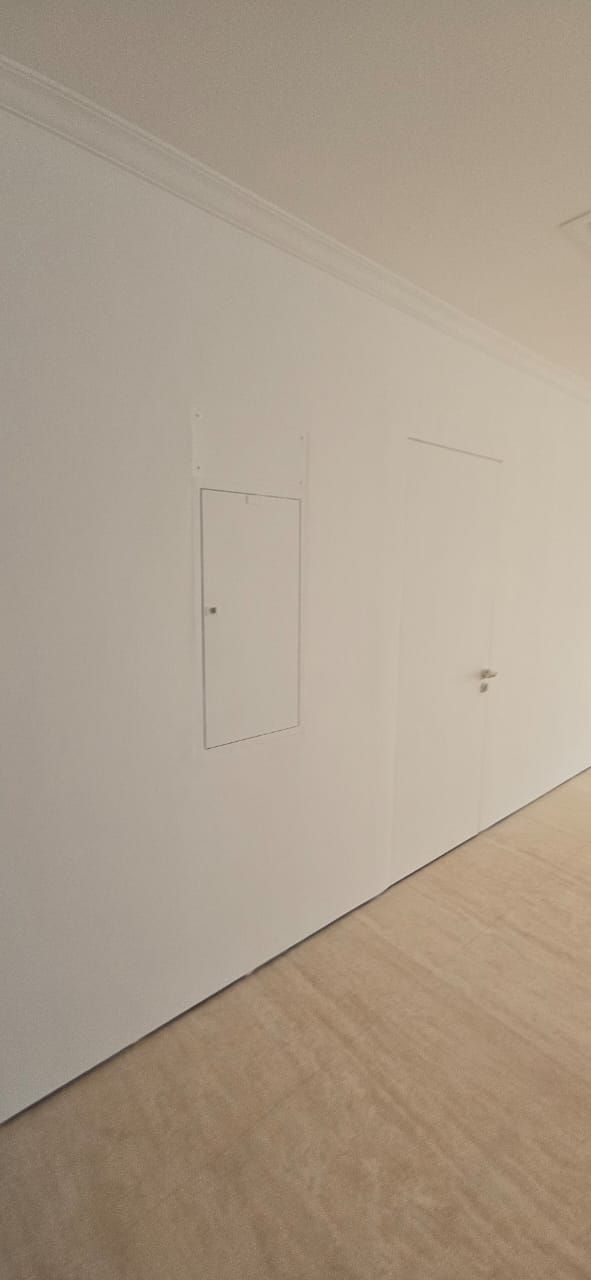 Hidden door with black lever in a white corridor