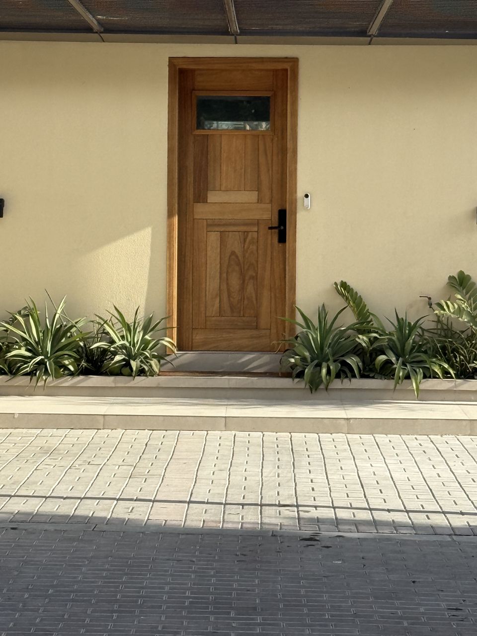 Teak Main Door With Vision Panel And Black Pull