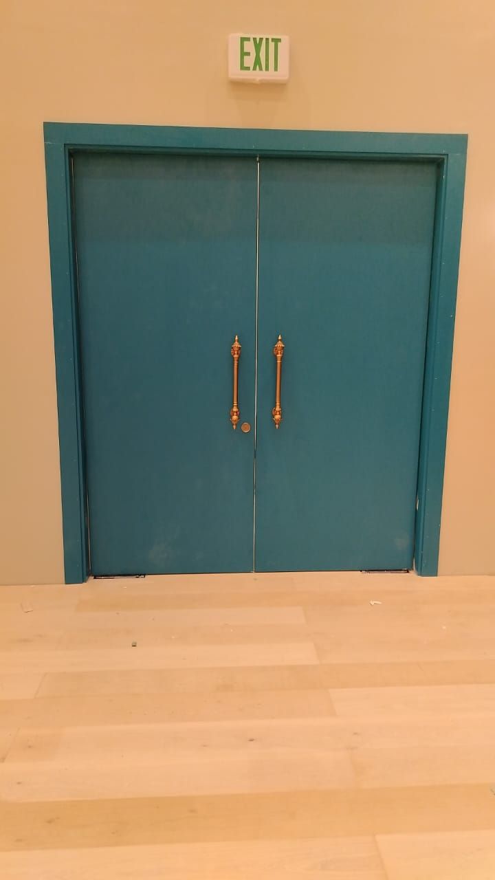 Teal Commercial Double Doors With Brass Pulls