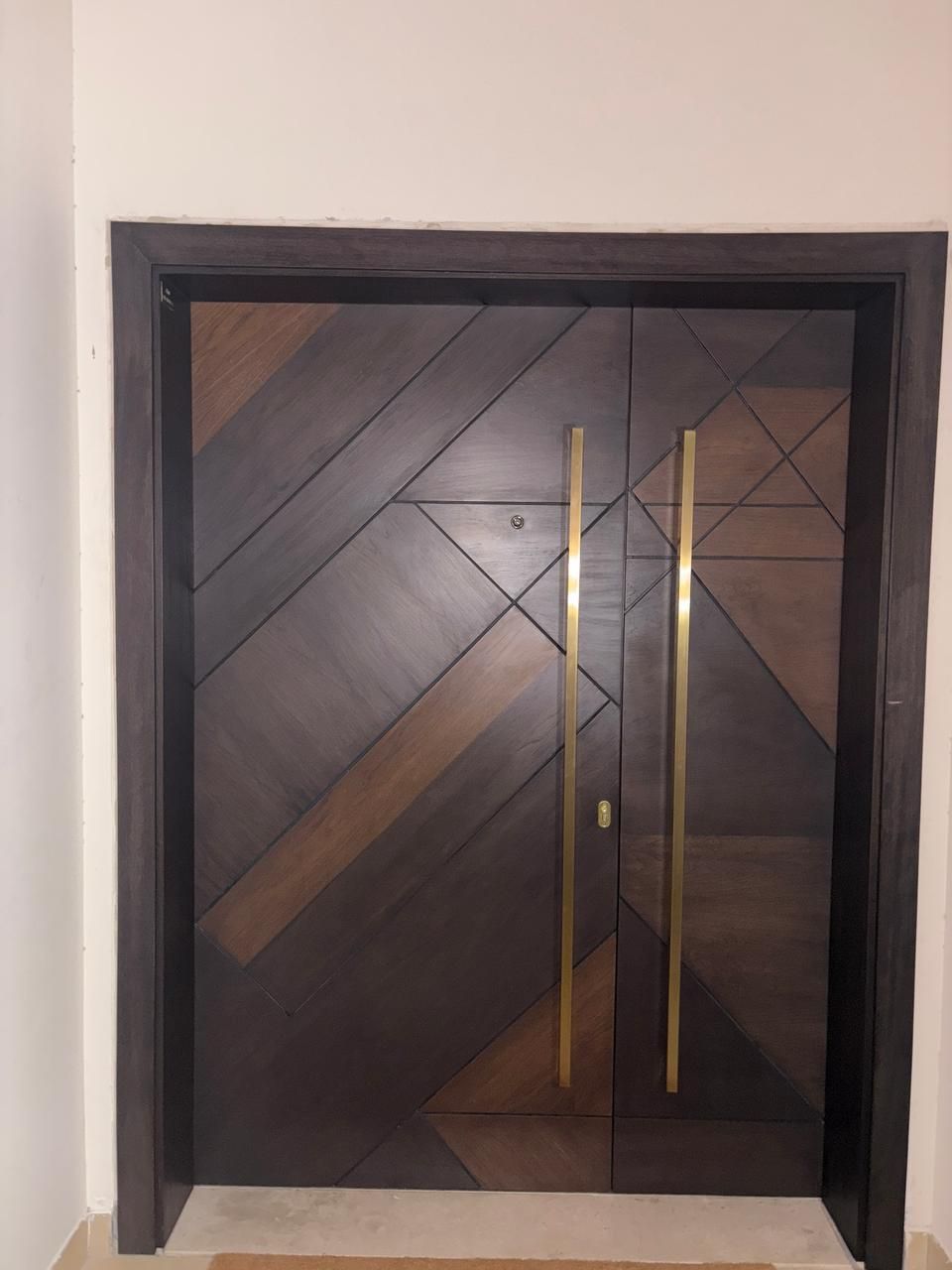 Two Tone Geometric Veneer Double Door With Brass Pulls