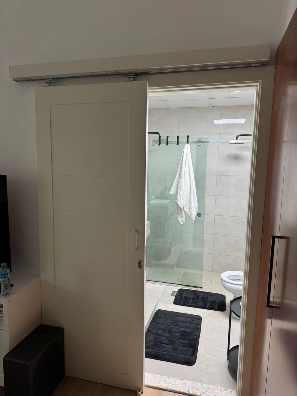 White Barn Sliding Door To Bathroom On Track