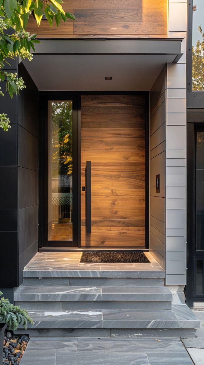 Wood Veneer Pivot Main Door With Canopy